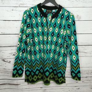 Bob Mackie Wearable Art 1/2 zip Fleece Pullover Teal/Black/Green/White size L